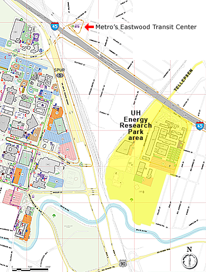 Map showing proximity of UH-ERP to the central UH campus and to Metro's Eastwood Transit Center bus hub