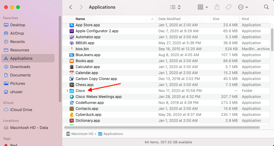 openciscofolderinapplications