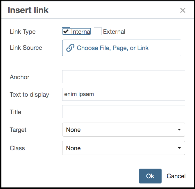 Insert link dialog with Link Type: Internal selected and Link source Chooser