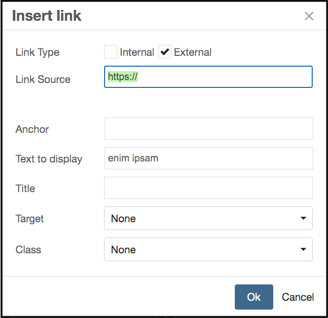 Insert Link dialog with Link Type: External selected, showing URL/link sourcefield