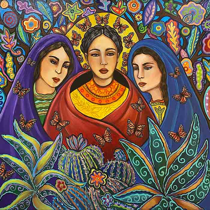 Colorful painting of three women stading together in the center surrounded by leaves on trees, cacti, bushes and monarch butterflies