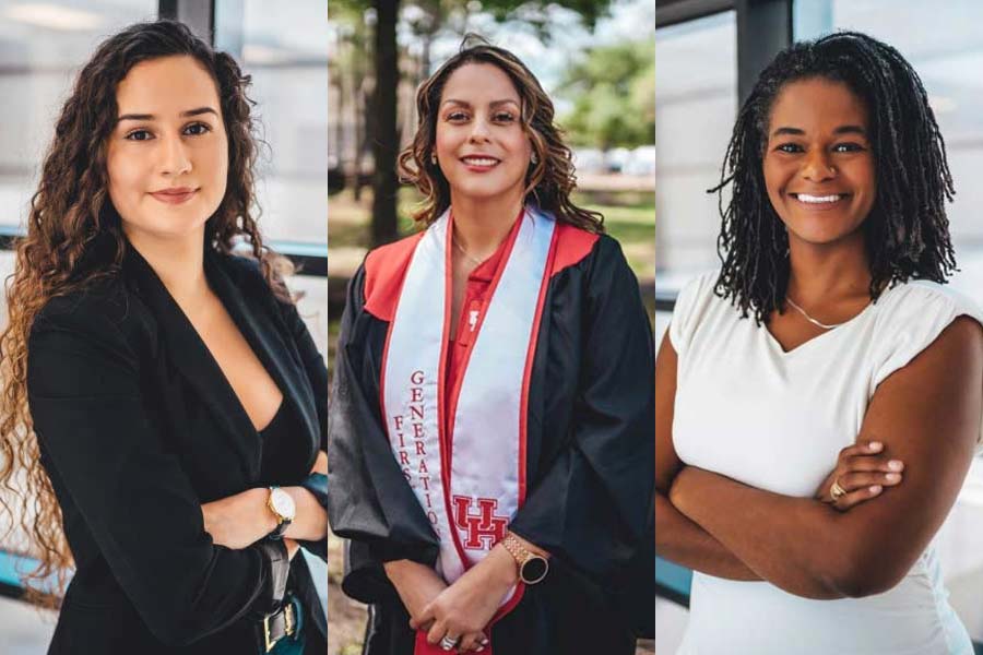 Montage of three portraits: a curly-haired white woman smiling with her arms crossed in a black business jacket; a Hispanic woman smiling wearing graduation regalia with a white sash; a Black woman smiling with her arms crossed in a white sleeveless blouse.