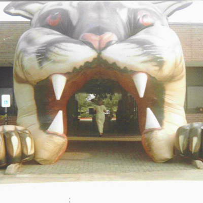 An inflatable cougar head over a building entrance
