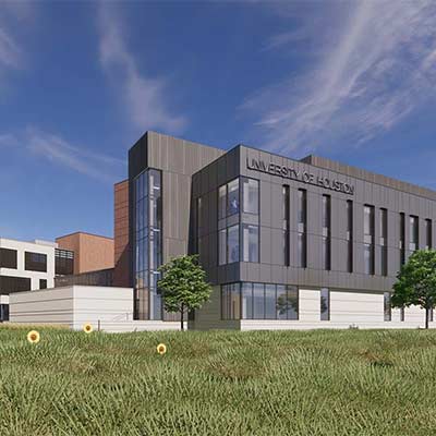 Computer graphic rendering of a new three-story building