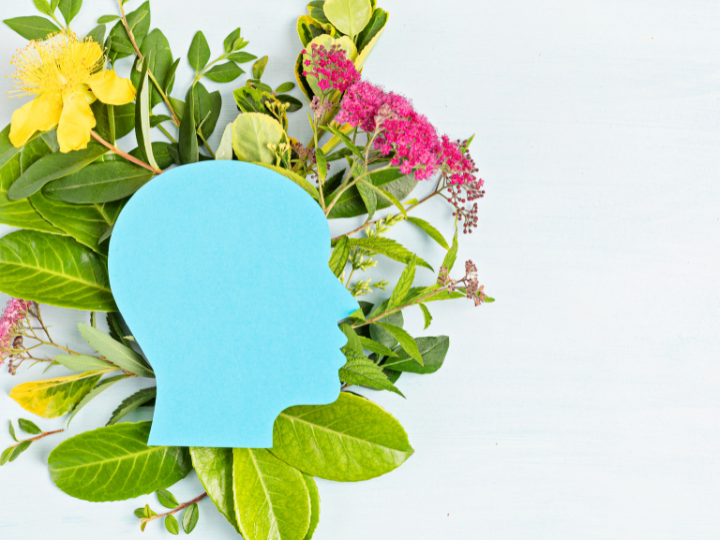 cutout of a light blue head and a pile of flowers in the background