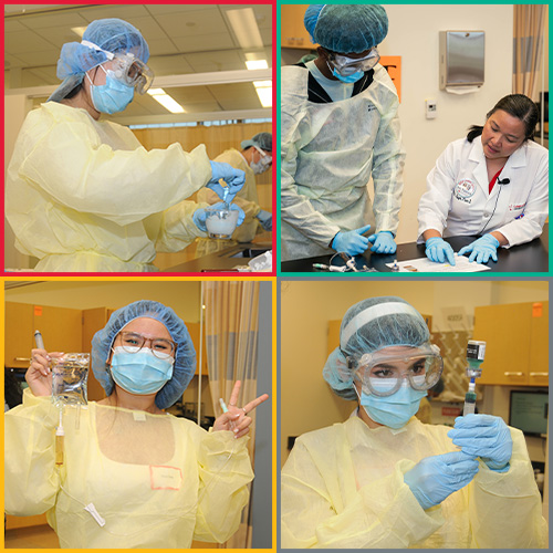 pharmacy summer institute - students in medical garb doing experiments