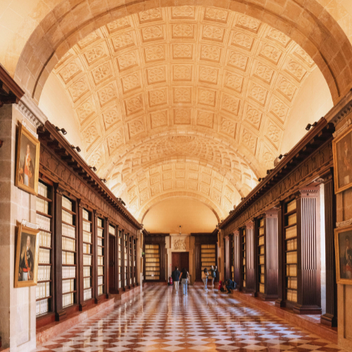 An ornate hallway of an archival museum