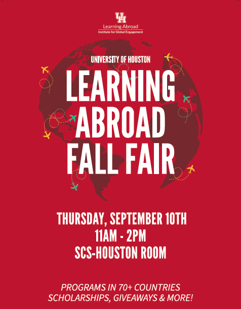 flyer of Learning Abroad Fall Fair, graphic of words and background globe image