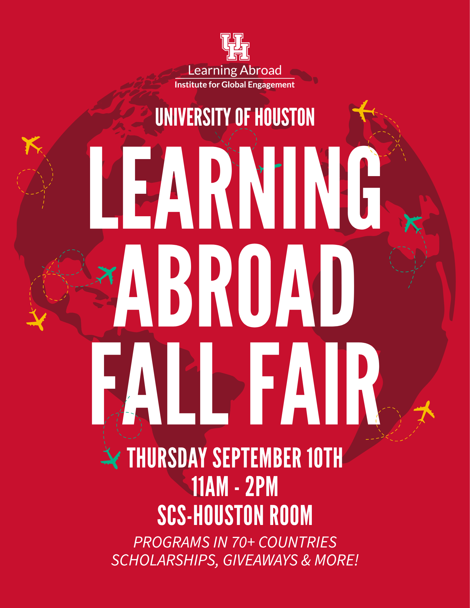 flyer of Learning Abroad Fall Fair, graphic of words and background globe image