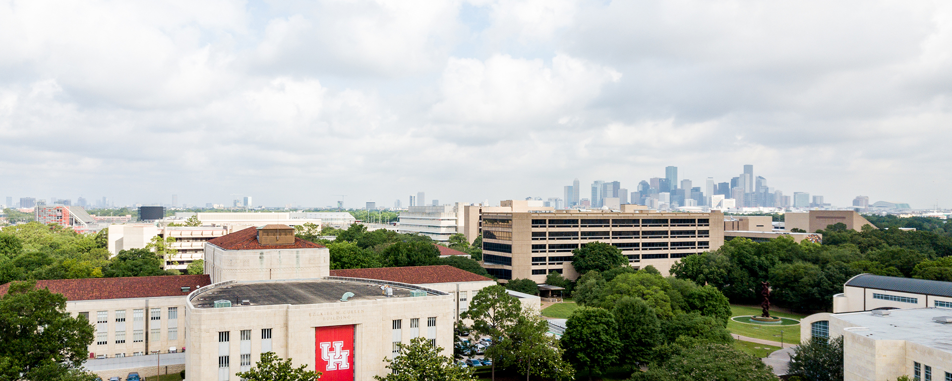 University of Houston Campus aerial view with downtown Houston skyline