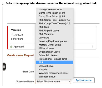 step 7 Select the appropriate absence name for the request being submitted. 