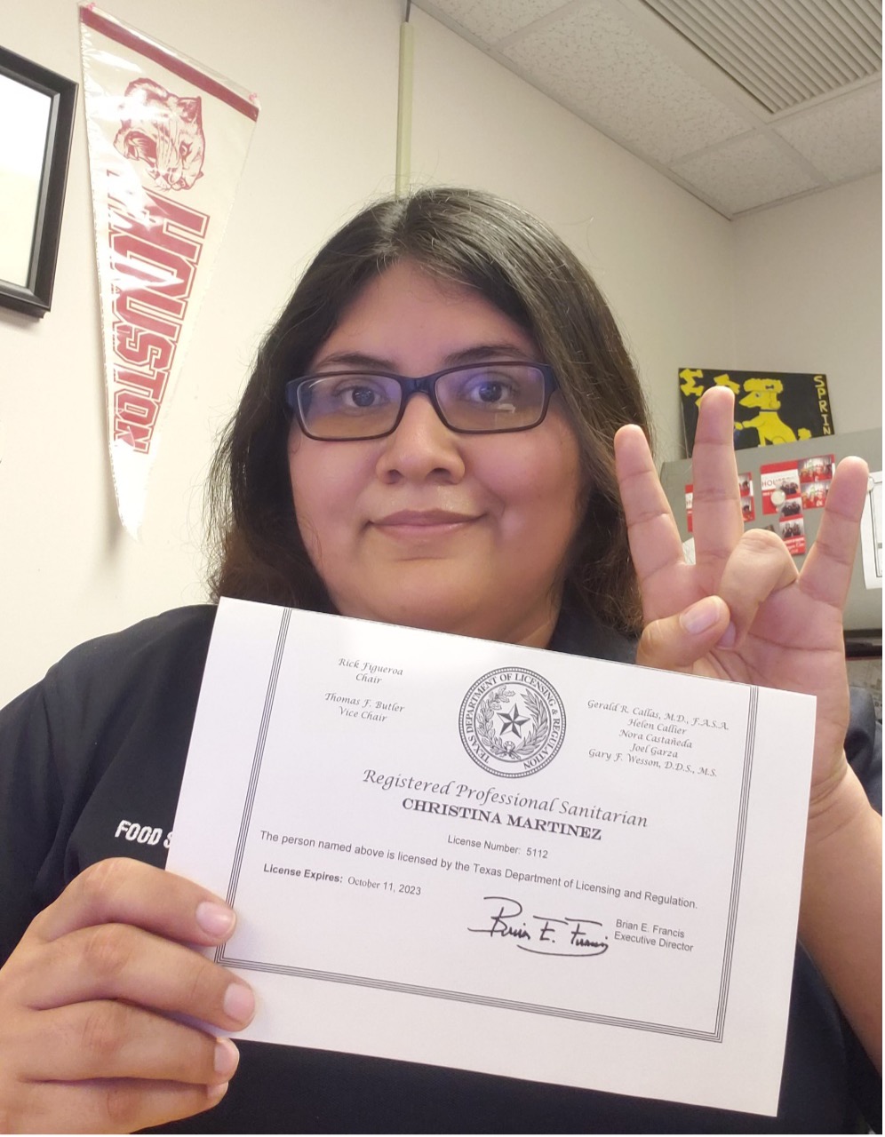 On October 11, 2021, Christina Martinez, UH Health Inspector, passed her registered sanitarian examination for Texas. Registered sanitarians are public health professionals qualified by specific education, specialized training, and field experience to protect the public's health, safety, and general welfare from adverse environmental determinants.