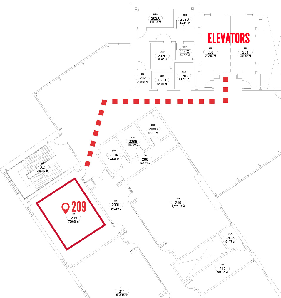 Image showing directions to CASA at Katy. Take the elevator or stairs to the 2nd floor and follow directional signs to room 209
