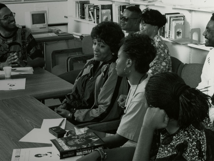 UH African American Studies book club discussing the writings of Malcolm X in 1994. Courtesy UH Digital Library.