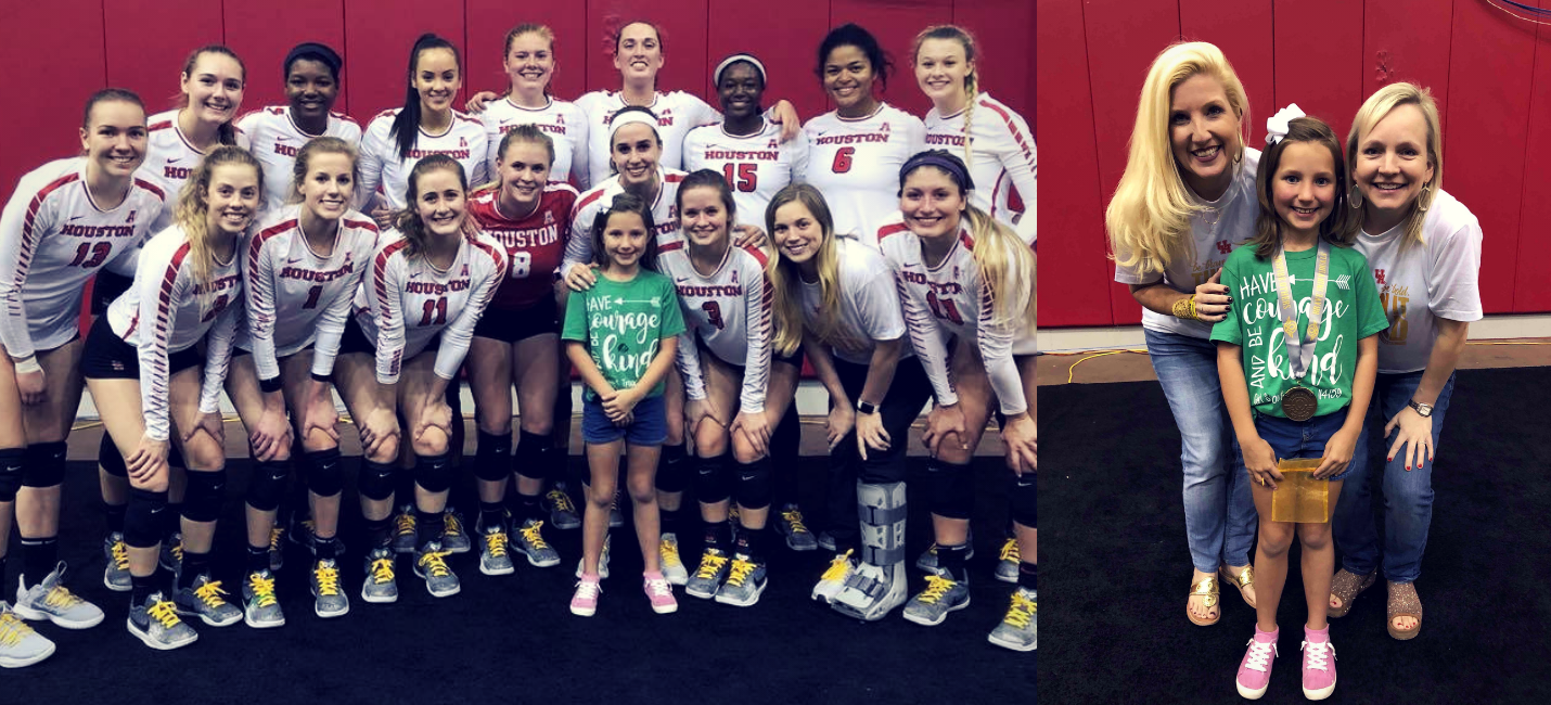 Lauren, a 7-year-old cancer survivor, poses with UH Volleyball team and Turn it Gold representatives