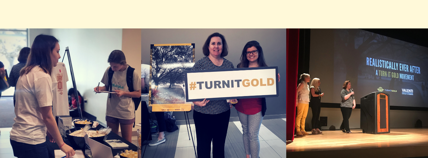 Dr. Yamasaki and student hold Turn it Gold sign