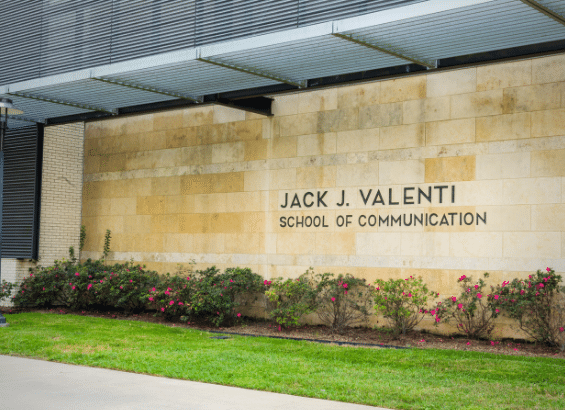 Photo of front of school with words "Jack J. Valenti School of Communication" engraved into wall. Photo of front of school with words "Jack J. Valenti School of Communication" engraved into wall.