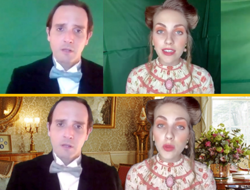 Pictures of before and after of An Ideal Husband using green screen. 