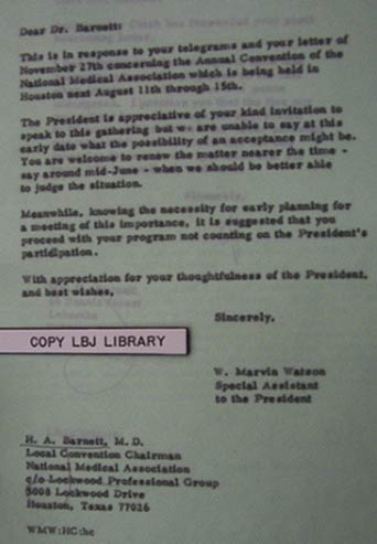 Letter to Dr. Barnett on behalf of L.B.J., 1967
