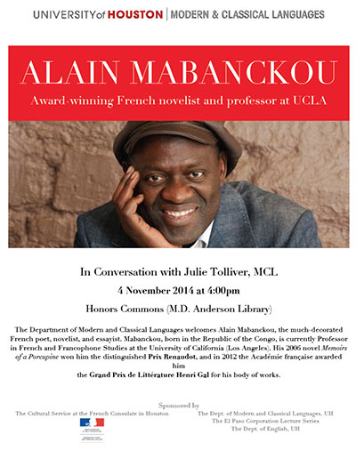 Poster for the lecture: Alain Mabanckou, award winning French novelist and professor at UCLA