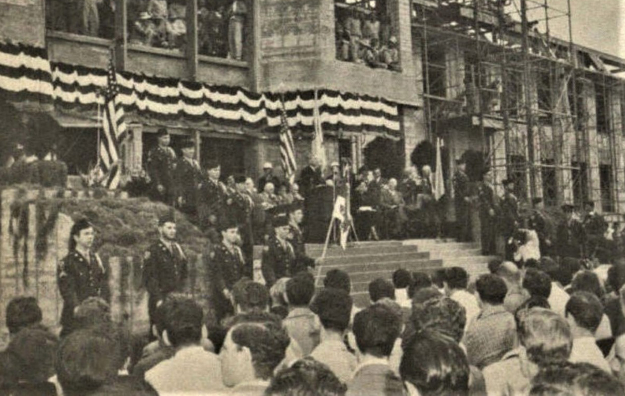 Cullen Rifles flank the stage at E Cullen dedication March 16 1949