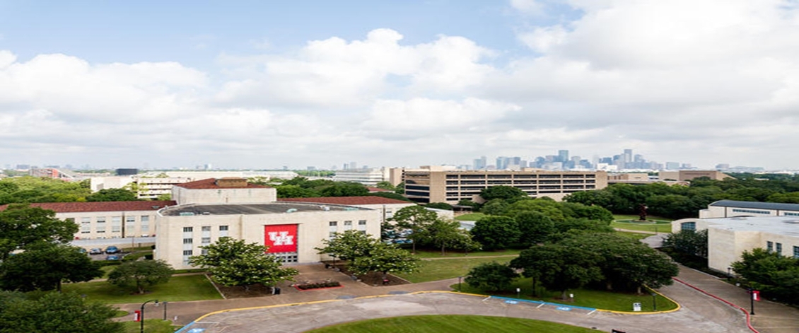 Arial view of E Cullen Building with downtown Houston in background