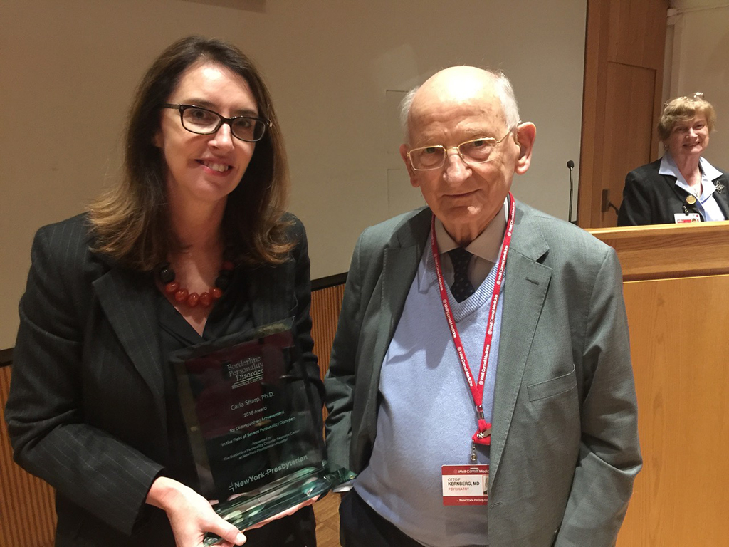 Dr. Sharp receives the 2018 Award for Achievement in the Field of Severe Personality Disorders from Dr. Otto Kernberg at Cornell in November 2019.