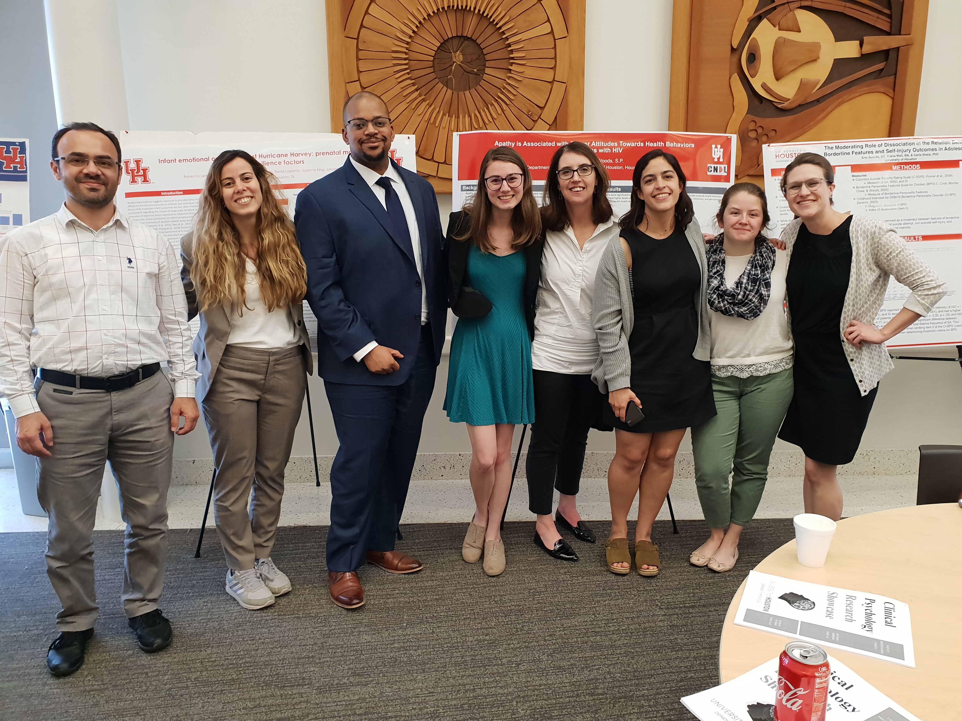 Dr. Akca, Laura Cortes, Eric, Ronnie, Dr. Sharp, Salome, Kiana and Francesca at the Clinical Psychology program’s Annual Research Showcase in 2019