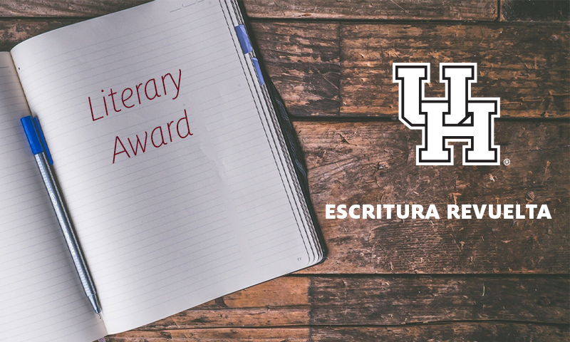 a journal with the words "literary award" and next to the journal the UH logo with Escritura Revuelta underneath