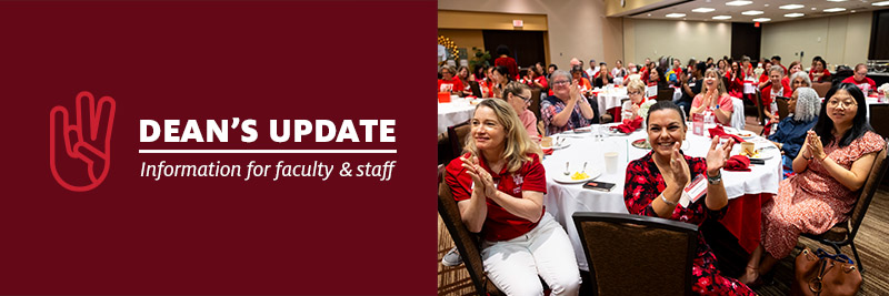 Dean's Update: Information for Faculty and Staff: Image of Faculty and Staff in a Ballroom clapping 