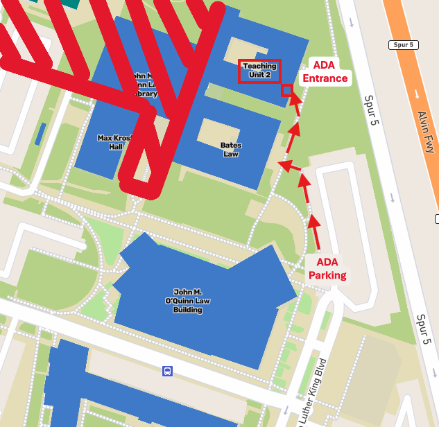 A map showing direction from ADA parking to TU2.