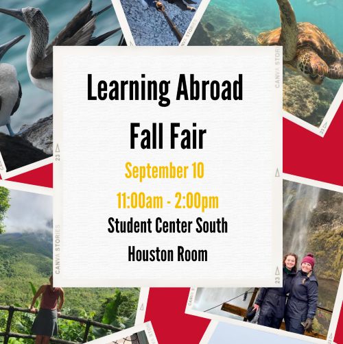 Placard saying Learning Abroad Fall Fair surrounded by photos