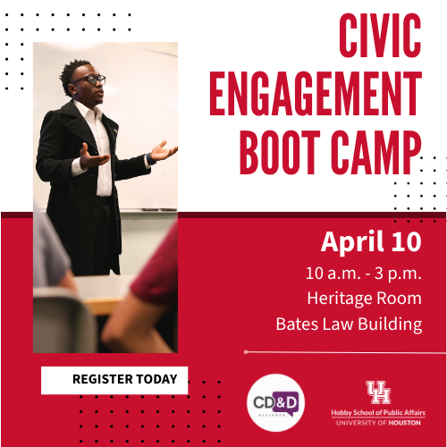 Graphic saying to join us for our Civic Engagement Boot Camp on April 10