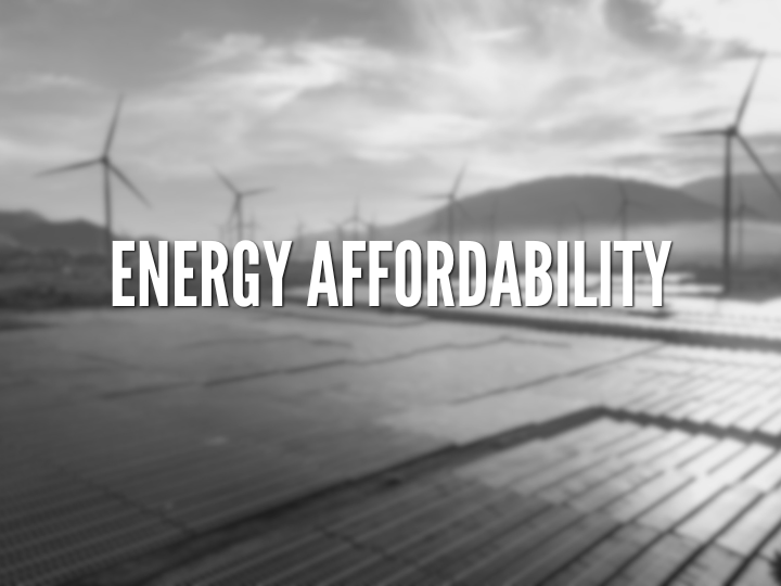 Energy Affordability in white font with a blurry background of solar panels