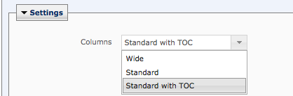 Column options in the Settings section