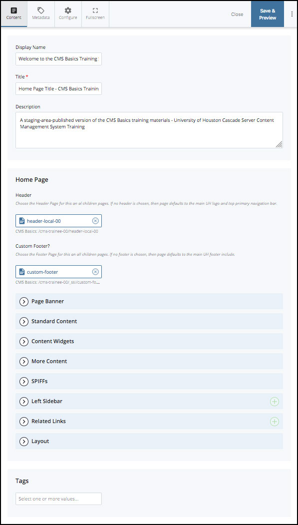 Home Type Page Edit Panel