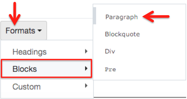 Format Selector showing Block elements - Paragraph, Blockquote, Div, Pre