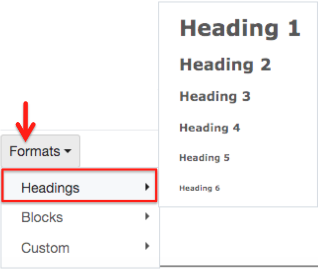 Format popout showing Headings choices - Heading 1 (largest) through Heading 6 (smallest)