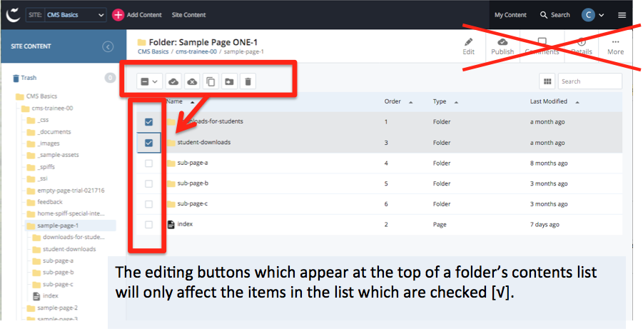 multi-select option buttons which appear when one or more items are selected using the checkboxes in a folder's contents list view