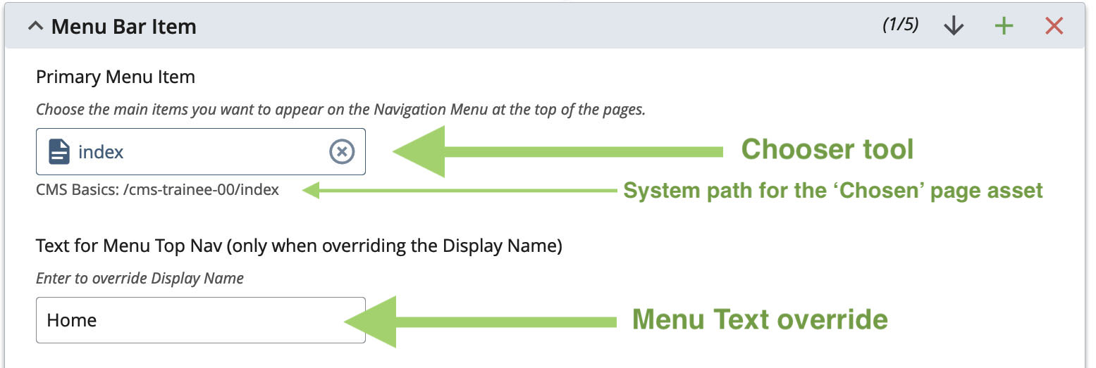 Screen shot of Menu Item page Chooser with override text field indicated
