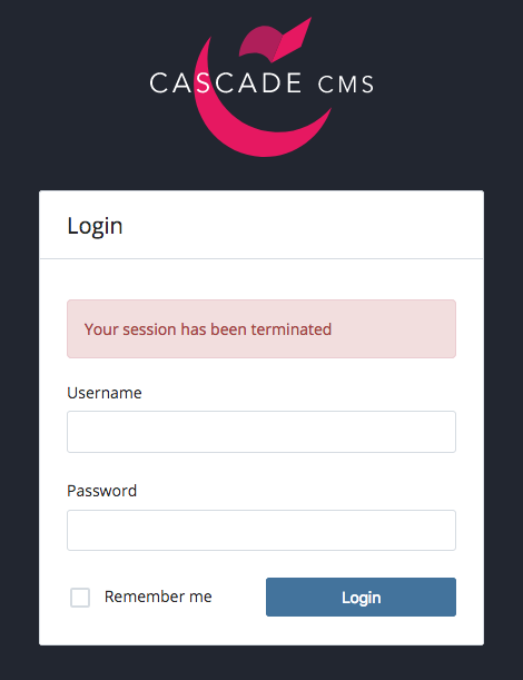 Cascade login screen with Session Terminated message: Your session has been terminated