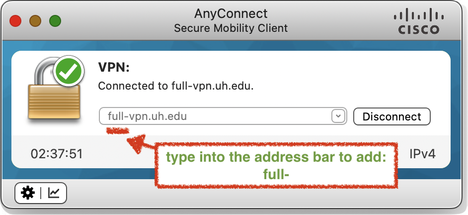 UH VPN dialog showing where to type in 'full-' in front of vpn.uh.edu in the address bar