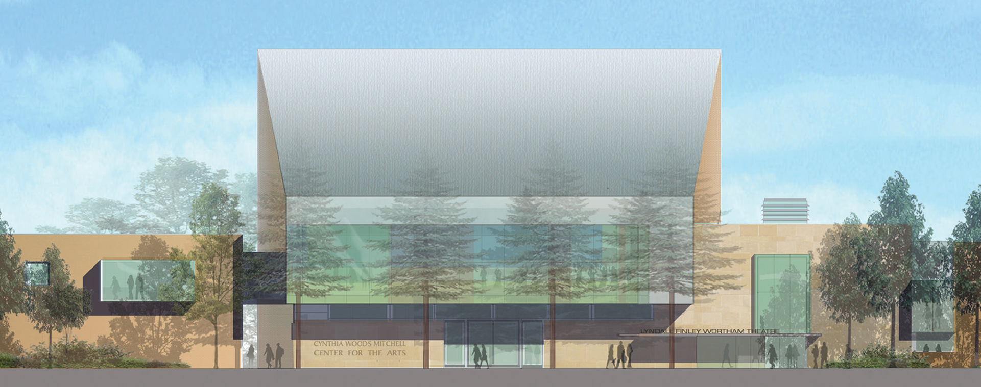A 3D architectural rendering of the front side of the Cynthia Woods Mitchell Center for the Arts building.