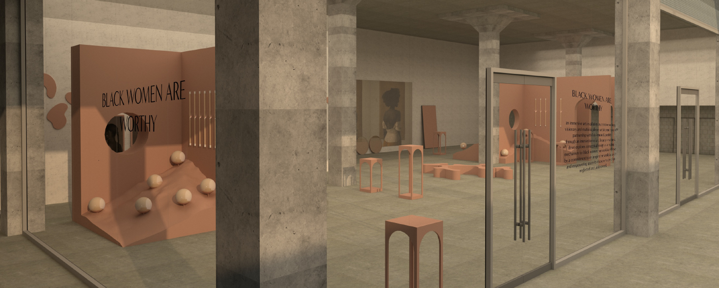 A 3D digital rendering of a glass-enclosed concrete interior space with salmon-colored objects and furniture arranged inside with the words “Black Women Are Worthy” on the glass.