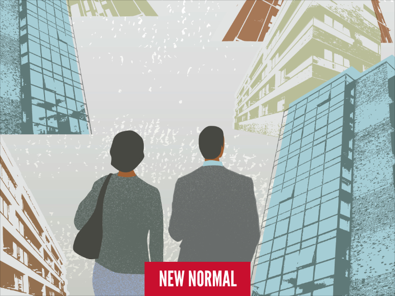 Illustration of two people standing among buildings