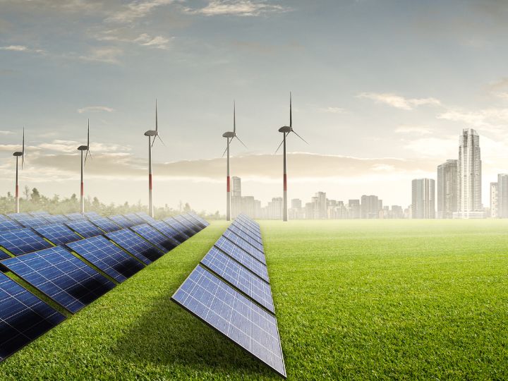 vision of solar panels green fields city