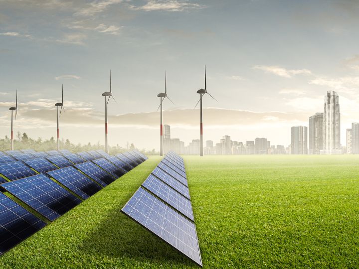 vision of wind turbines, green fields city vision of wind turbines, green fields city