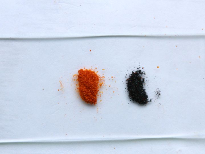 The crystals change from original dark peach to a dark purple after capturing the iodine.