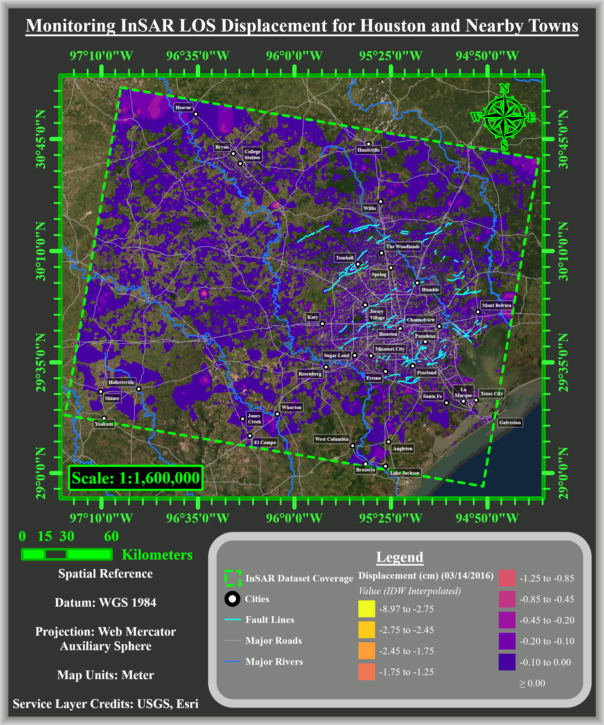 Image showing total ground displacement from March 2016 to December 2020 or Houston and surrounding areas.
