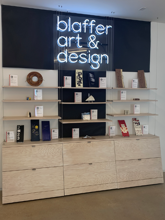 Blaffer Art and Design display showing many different design objects made by students Blaffer Art and Design display showing many different design objects made by students